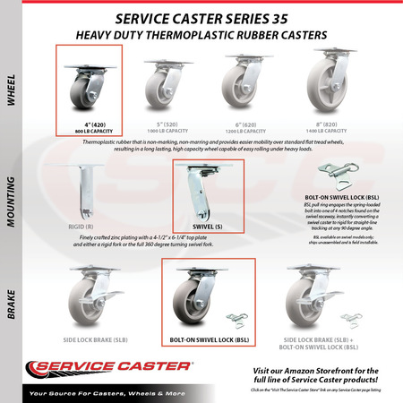 Service Caster 4 Inch Thermoplastic Caster Set with Roller Bearing 4 Swivel Lock and 2 Brake SCC-35S420-TPRRD-SLB-BSL-2-BSL-2